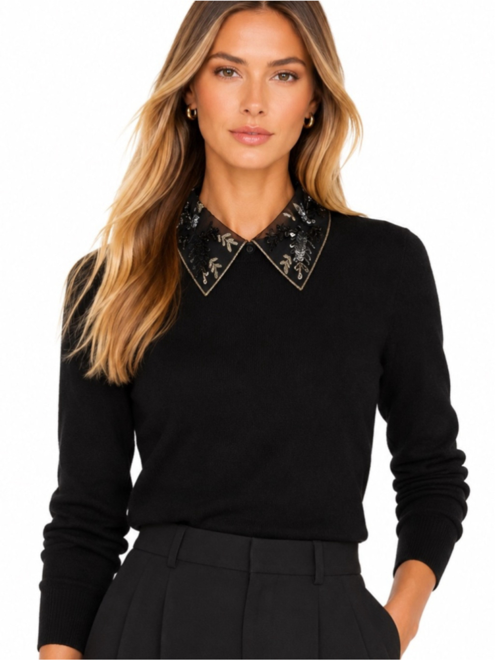 Club Monaco Black 100% Merino Wool Embellished Sequin Collar Sweater